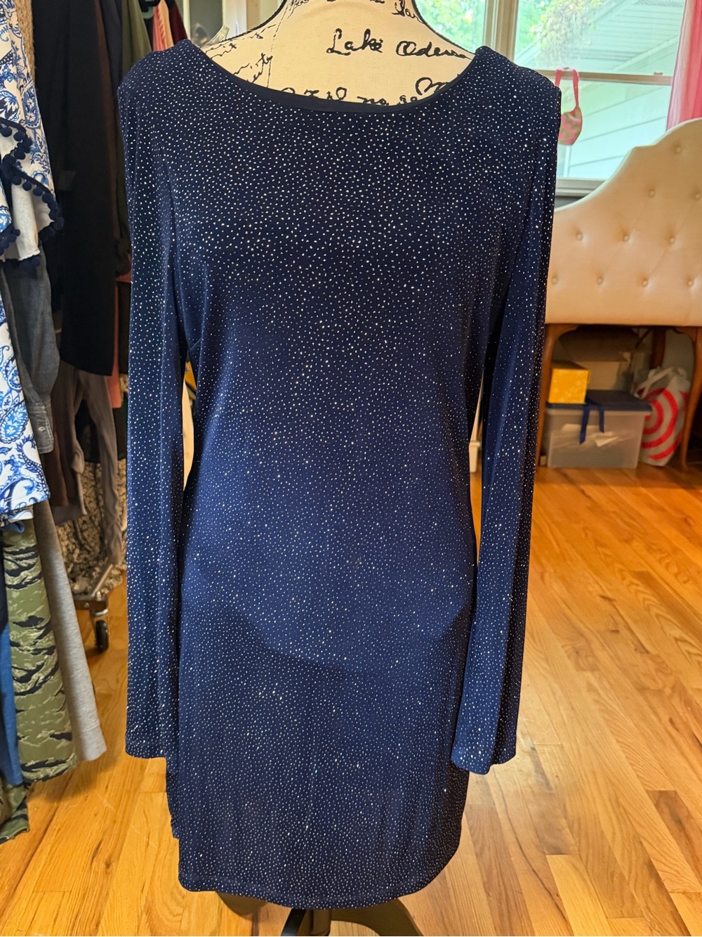 Speechless Navy Long-Sleeve Sparkle Shift Dress